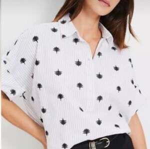 Loft Palm Tree Embroidered Pinstripe Button Up Top Petite LP